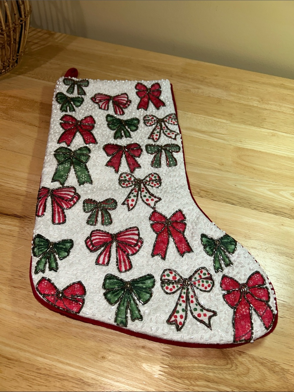 Christmas Tahari Home All Over Beaded Bows Red Velvet 22” Stocking Excellent